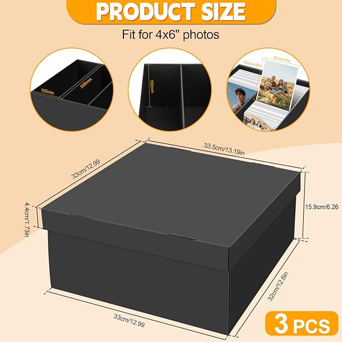 REAQUE 3 Pack Photo Storage Boxes for 4" x 6" Pictures, 3-Compartment Portable Photo Organizer Boxes with Lids, Craft Supply Container for Stickers, Scrapbooking, Stamps, Seeds, Memory Keepsakes