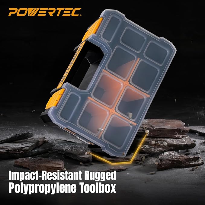 POWERTEC Small Parts Organizer & Tool Box – 10 Compartments, Stackable Storage with Removable Dividers, Clear Lid, Portable Design, 3-Pack (72117-P3)