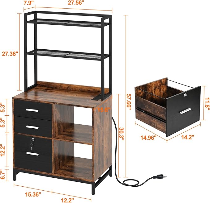 Livofloral Filing Cabinet with Charging Station, Files Cabinet with Shelves, 3 Drawer Office Organization, Printer Stand with Storage Shelves for Home Office, Lockable File Cabinets for Letters, Brown