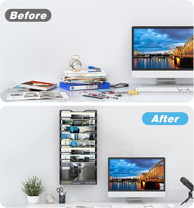 Solinxe 10 Tier Wall File Organizer, Vertical Mesh Paper Mail Organizer Wall Mounted Magazine Rack, Metal Clipboard Storage for Office, Home, Classroom, Black