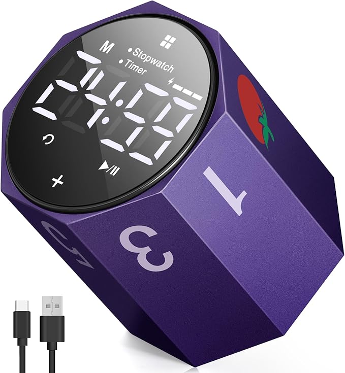 Digital Pomodoro Timer,Frosted Metal Productivity Cube Timer,1.8 in LED Digital Large Screen and Auto-Rotating Display,1/3/5/10/25/30/60min&Custom Time, Silent & Alarm,for Office, Study, Work(Purple)