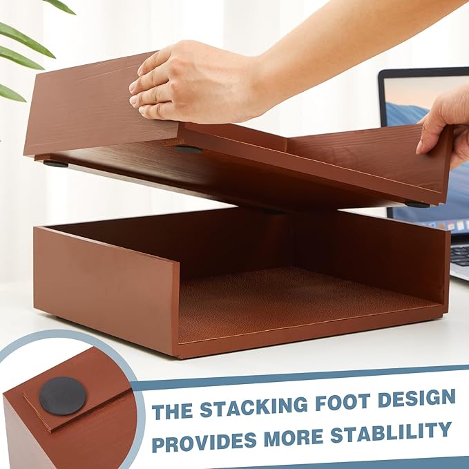 Yeaqee 2 Pcs Wooden Leather Stackable Letter Trays 13 x 10.6inch Luxurious Surface Desk Letter Tray Heavy Paper Inbox Mail Organizer for Office Document Magazine Folder Desktop Accessories(Brown)