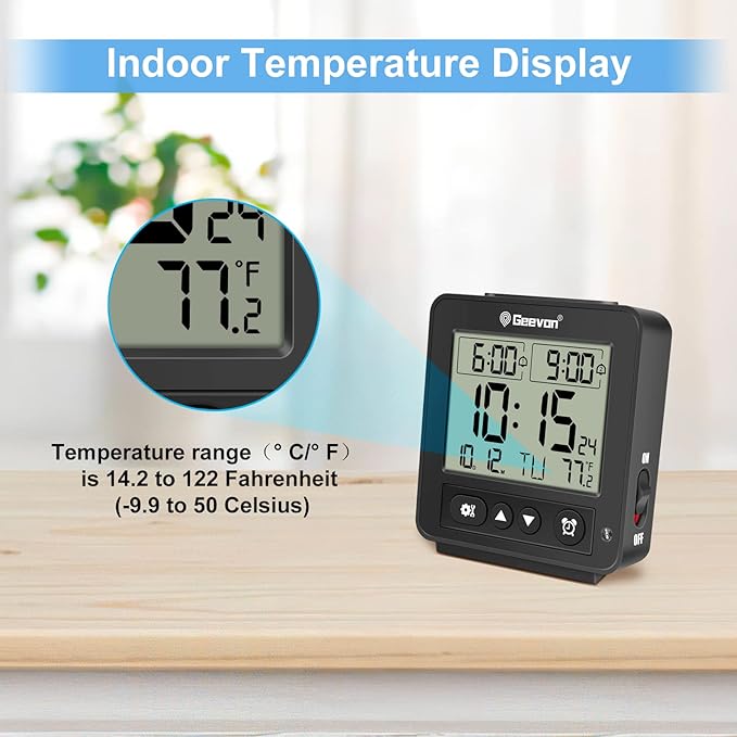 Geevon Small Atomic Travel Alarm Clock with Auto/8s Backlight, 2 Alarm Settings, Temperature, Increasing Beep Sounds Digital Atomic Travel Clock Battery Operated for Bedroom, Bedside, Black
