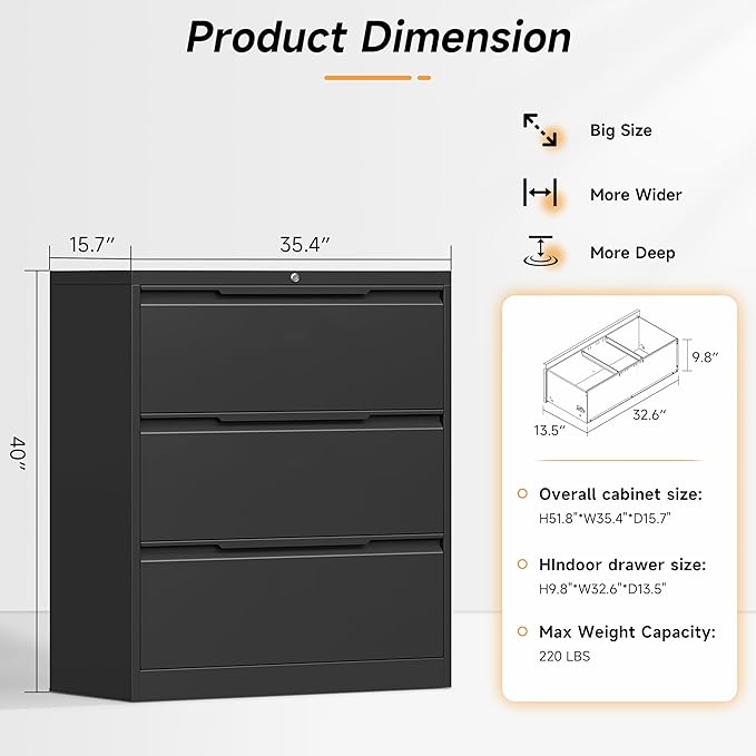 Bestoo 3-Drawer Lateral File Cabinet with Lock, Filing Cabinet for Home Office, Metal File Storage Cabinets, Fits File Folders, Letter/Legal/F4/A4 Sizes, Assembly Required (Black)