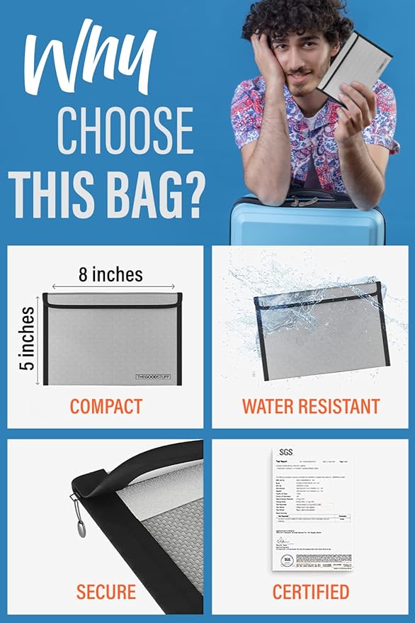 Fireproof Document Bag Envelope Size: 8" x 5" [2000°F UL Certified] Fireproof Cash Bags with Zipper Small Water and Fire Resistant Money Bag for Cash Storage, Fireproof Bags for Cash Fire Proof