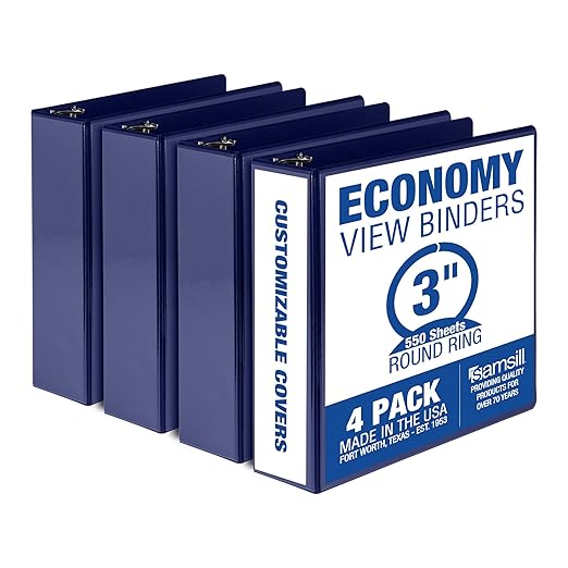 Samsill 3 Inch 3 Ring Binders, Made in USA, Economy Round Ring, Clear View Cover, 550 Sheet Capacity - for School, Home, Office - Blue, 4 Pack