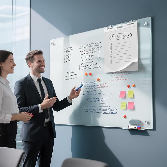 MaxGear Glass Whiteboard, Tempered Magnetic Dry Erase Board 48 x 36 Inch, Frameless Wall Mounted, Office Classroom Conference Room Home Use, Includes Markers, Eraser, Magnets & Mounting Kit