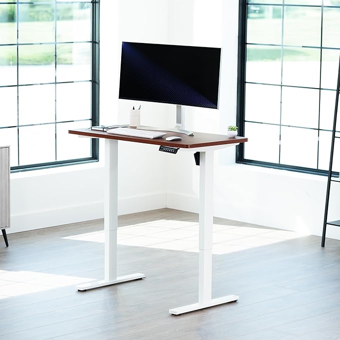 VIVO Electric 43 x 24 in Standing Desk, Memory Height Adjustment, 1B Series, Holds 220 lbs, One-Piece Dark Walnut Top, White Frame, DESK-KIT-1W4D