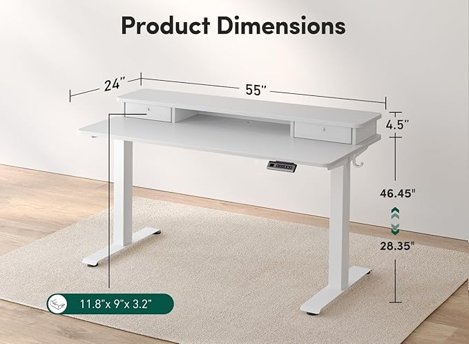 FEZIBO 55 x 24 Inch Height Adjustable Electric Standing Desk with Double Drawer, Computer Desk, Home Office Stand Up Table with 4 Height-Adjustable Feets & 2 Hooks, White