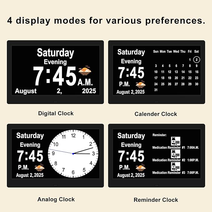 SSYA Dementia Clocks with Day and Date for Seniors,13 Alarms Custom Reminders, Extra Large Digital Calendar Clock for Elderly. (Black)