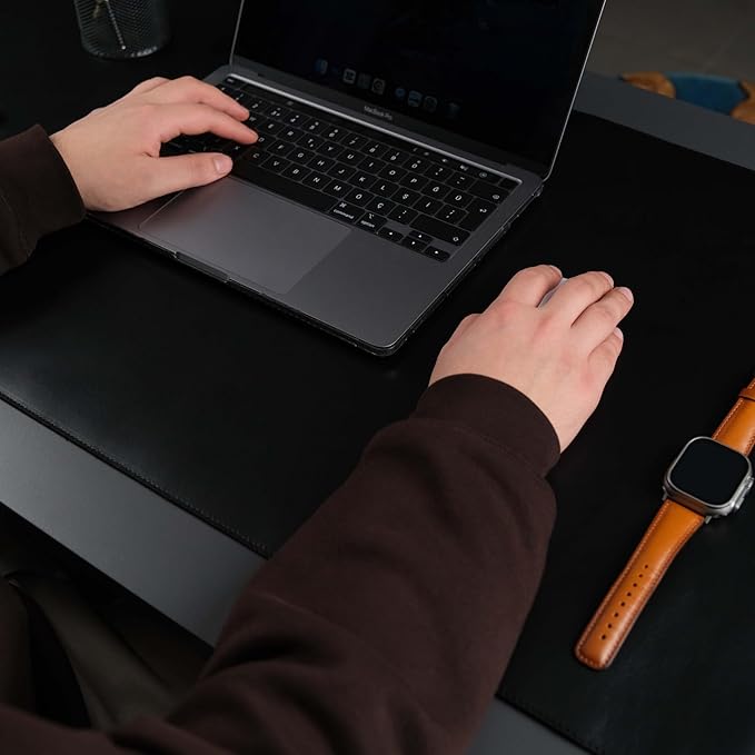 TORONATA Jersey Genuine Calfskin Leather Desk Pad, Office Desk Mat with Non-Slip Bottom, Smooth Surface for Mouse & Keyboard, Desk Protector (36x19 inches) (Black)