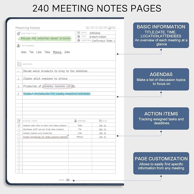 EMSHOI Meeting Notebook for Work with Sticky Tabs - 240 Pages, A4 Size Project Planner, PU Leather Meeting Agenda/Minutes Organizer for Women Men, Note Taking, Office & Business, 8.3"x11.7", Blue