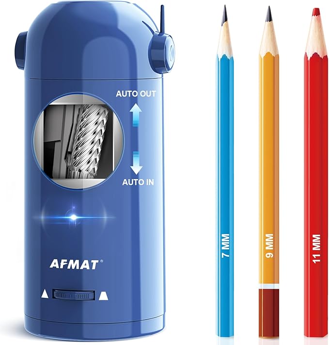 AFMAT Electric Pencil Sharpener, Fully Automatic Pencil Sharpener for 7-11.5mm Colored/Jumbo Pencils, Auto in & Out, Rechargeable Hands-Free Pencil Sharpeners for Classroom Home Office PSX5, Blue