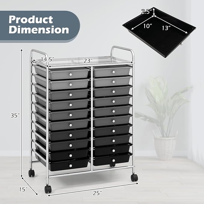 Happygrill 20-Drawer Organizer Cart Tools, Mobile Utility Storage Cart with Removable Drawers & Lockable Wheels, Rolling Storage Cart with wheels for Home Office School (Gradient Grey)