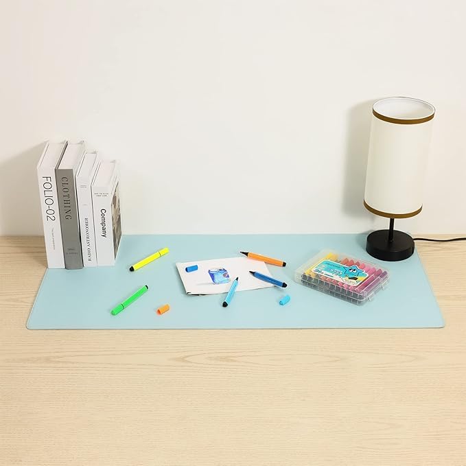 Wolaile Faux Leather Desk Pad Blotter,Waterproof Non-Slip Writing Desk Mat for Kids,36x17 in Desktop Protector Large Mouse Pad,Light Blue Office Home Table Cover
