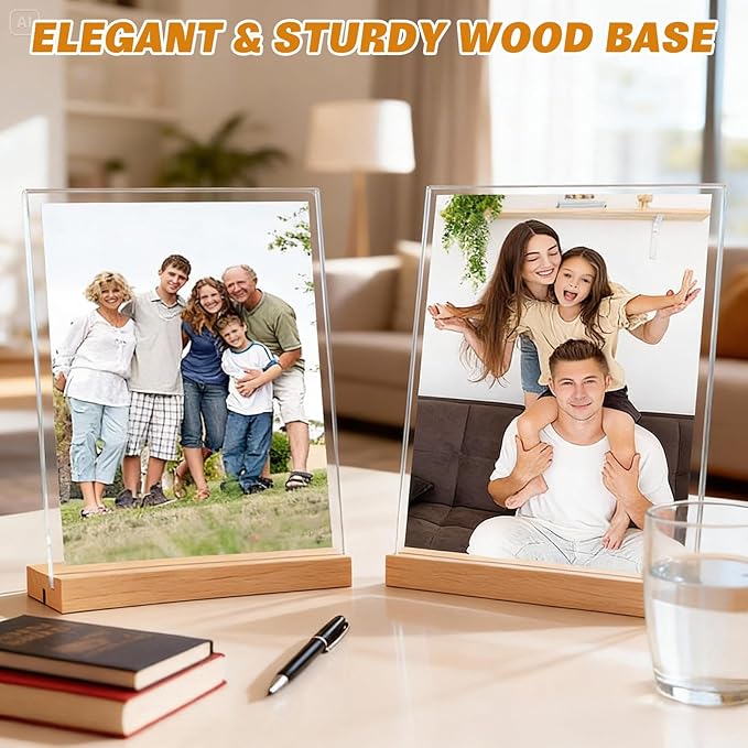 Acrylic Sign Holder 8.5" x 11" with Wooden Base, 4 Pack Adjustable Vertical/Tilt Acrylic Display Stands for Flyers, Menus, Picture Frames