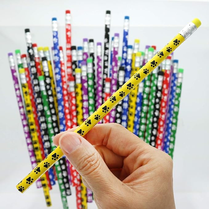 GiftExpress 48 Pcs Paw Print Pencils for Kids, Colorful Assortment Wooden Pencil with Eraser for School Supplies, Classroom Prize