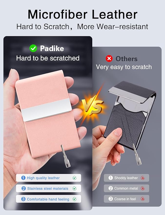 Padike Professional Business Card Holder PU Leather Business Card Case Name Card Holder Slim Metal Pocket Card Holder with Magnetic Shut (Y-Pink)