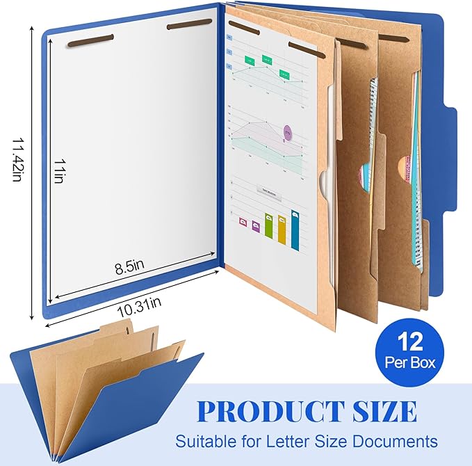 12 Pcs Classification Folders Letter Size 3 Pocket Dividers Employee File Folder with 2 Prongs Fasteners, 2 in Expansion Heavy Duty Pressboard File Holder for School Office Medical Document(Dark Blue)