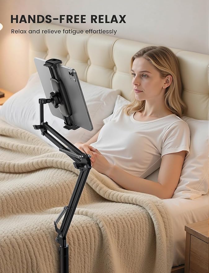 Lamicall Tablet Floor Stand Holder - [55" Height Adjustable][ Flexible Arm] Multi Angle Tablet Holder, 5lb Weighted Base Bed Mount for 4.7-13" Devices, iPad Pro Air Mini, Kindle, Tabs, E-Readers