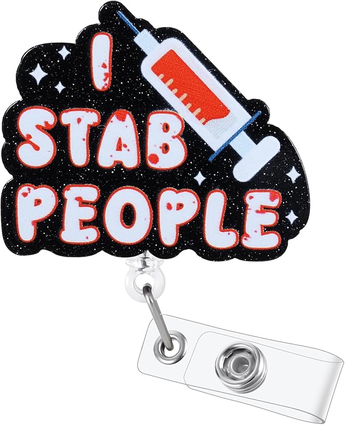I Stab People Funny Nurse Badge Reel, Retractable ID Card Phlebotomist Badge Holders, Medical Badge Clip for RN LPN CRNA ICU ED Blood Draw Lab Resident Physician Phlebotomy Department, Nurse Gifts
