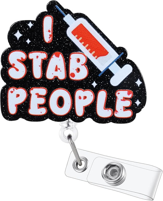 I Stab People Funny Nurse Badge Reel, Retractable ID Card Phlebotomist Badge Holders, Medical Badge Clip for RN LPN CRNA ICU ED Blood Draw Lab Resident Physician Phlebotomy Department, Nurse Gifts