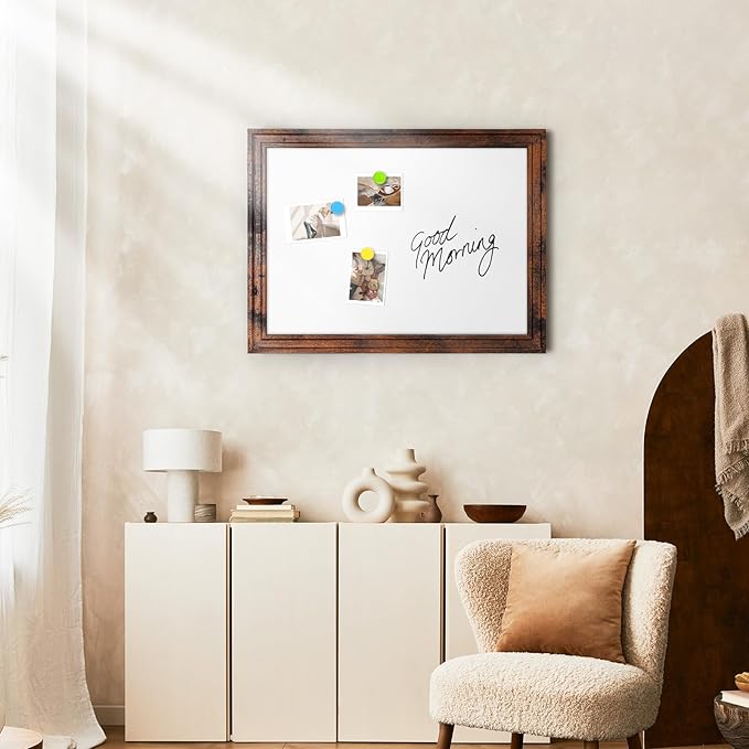 White Board for Wall, 24'' x 18'' Magnetic Dry Erase Board, Decorative Whiteboard, Brown Vintage Wooden Frame