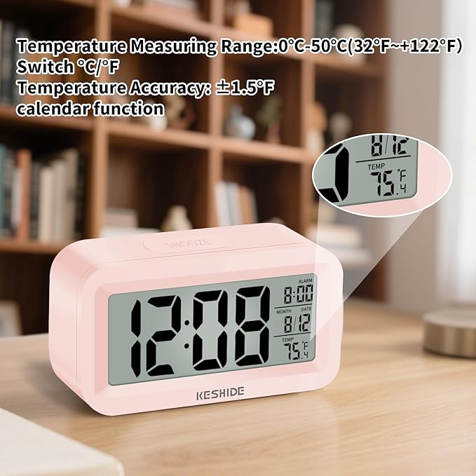 KESHIDE Travel Digital Alarm Clock Battery Operated with Indoor Temperature, Desk Small Clock,Snooze Model,12/24H Display for Bedrooms Heavy Sleepers Kids Travel Bathroom