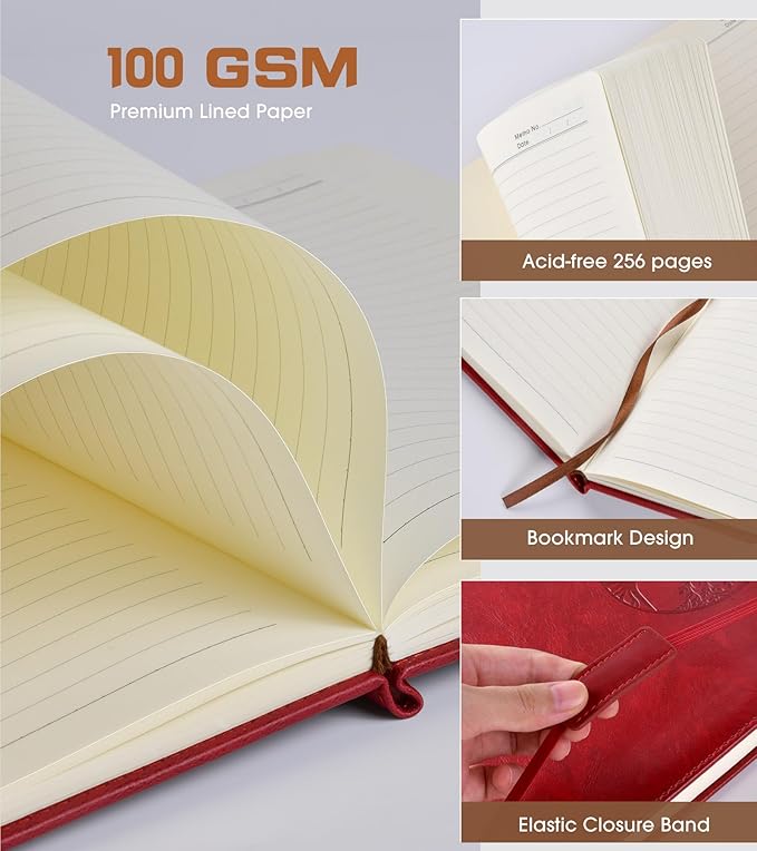 Biuwory Lined Journal Notebook for Women Men,256 Pages B5 Large Hardcover Leather Journals for Writing,Travel,Business,Work & School,College Ruled Notebooks for Note Taking,Diary Notepad 7.8"×10.2"