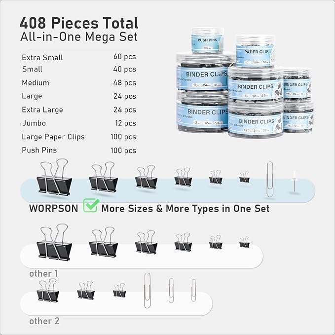 WORPSON 408 PCS Binder Clips Paper Clamps Assorted Sizes and Push Pins, Binding Paperwork Clamp Bulk, School Teachers Office Supplies (Black)