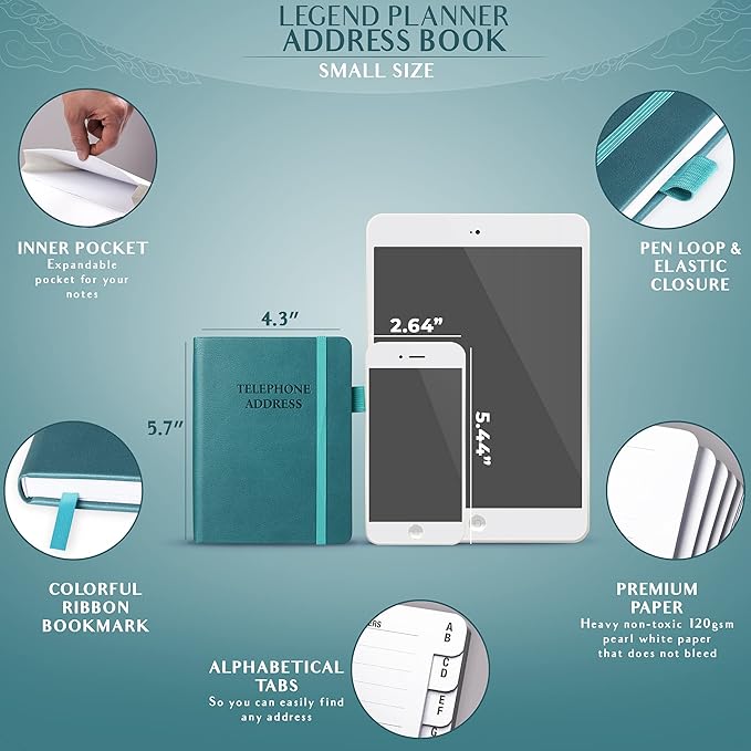 Legend Planner Address Book with Alphabetical Tabs – Mini Telephone Contacts Book for Phone Numbers, Addresses, Passwords, Small (Dark Teal)