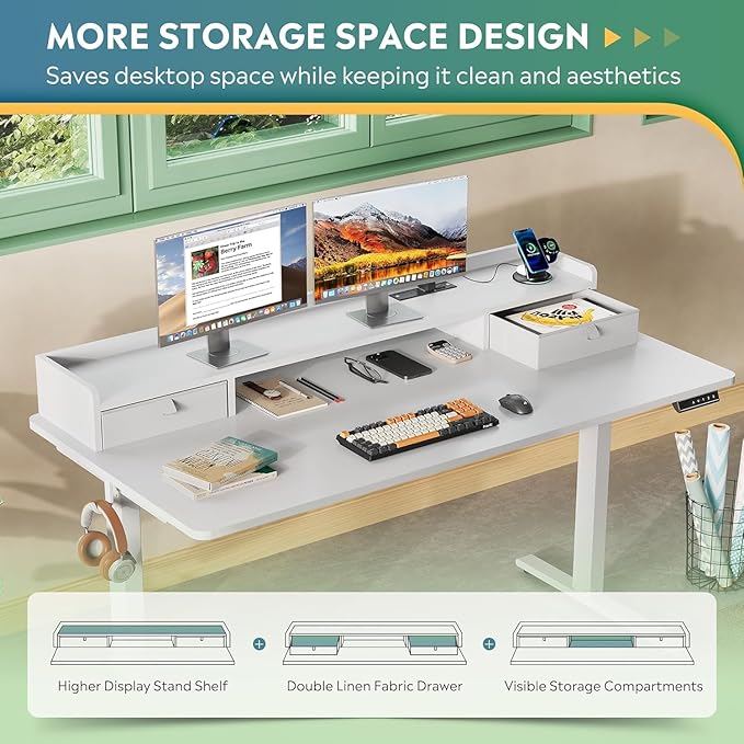 DEVAISE 55×28 Inch Electric Standing Desk with Drawers, Computer Desk with 3 Adjustable Height, Storage Shelf and Built-in USB Outlet, Memory Preset, Sit to Stand Desk for Home Office, White