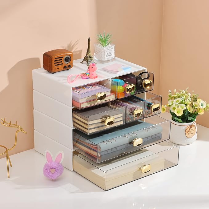 OSteed Spacious Desktop Storage Box, 1 Large Storage Drawer, Stackable Office Desk Drawer Organizer and Accessories, Printer Paper Organizer, White Plastic Drawers for Workspace & Home
