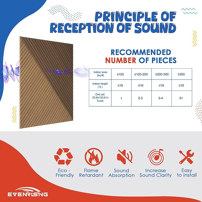 EVENRISING Acoustic Panels 6 Pack, Soundproof Wall Panels 23.6 x 23.6 Inches, Large Decorative Sound Absorbing Panels,Self-Adhesive Acoustic Treatment for Home Studio Office,Deep SymmetryLuxe