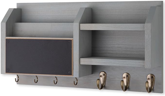 Lwenki Mail and Key Holder – Wall Mount Key Hanger with Shelf and 7 Metal Hooks – Decorative Natural Paulownia Wood Entryway Organizer with Mounting Hardware (16.5”W x 8.7”H x 3.5”D) (Gray)