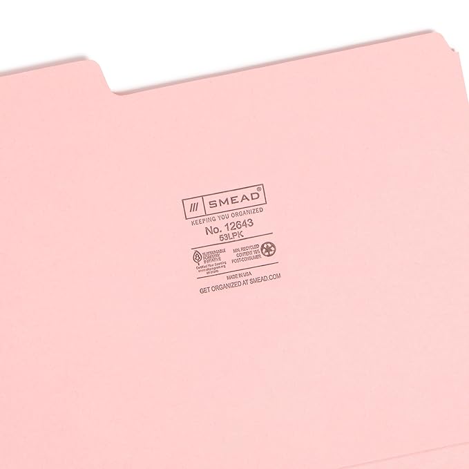 Smead Standard File Folders, 100 Count, Pink, 1/3-Cut Tabs, Letter Size (12643)