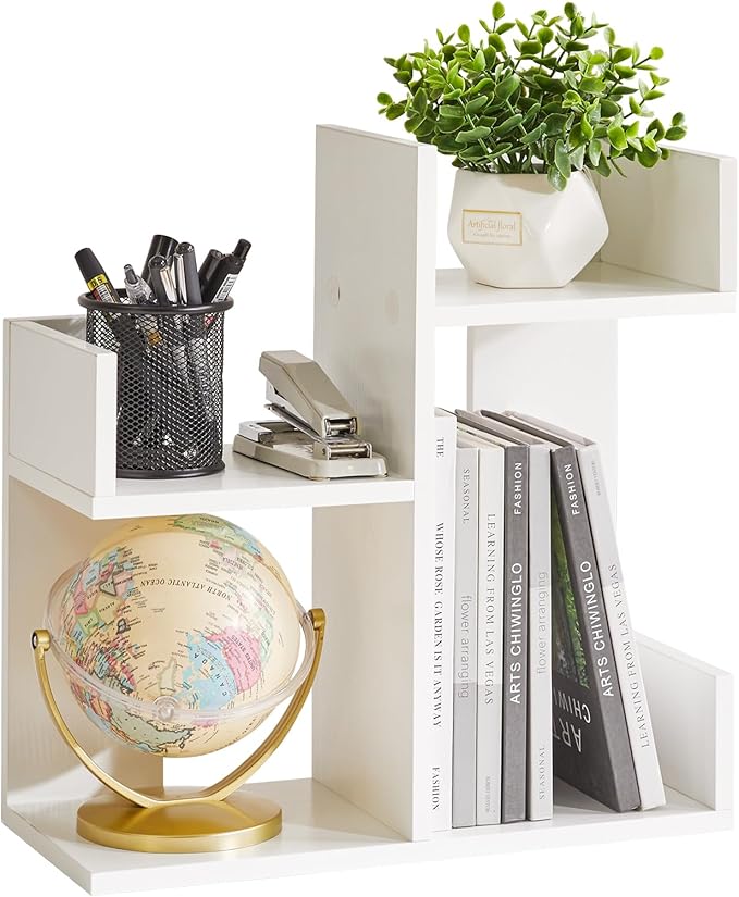 Aibiju Small White Desk Organizer, 2 Tier Tree Cactus Bookshelf, Desktop Organizer Wood, Small Plant Shelf White YD-DSR002W
