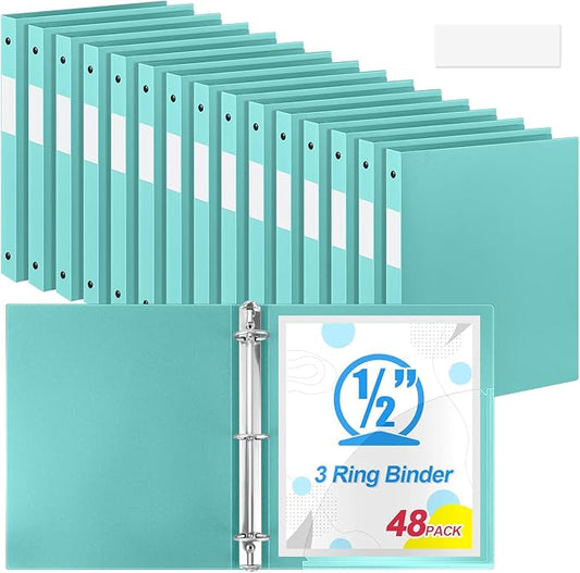 Henoyso 48 Pcs 3 Ring Binder 0.5 Inch Round Fits Letter Size 8.5'' x 11'' Paper Plastic Flexible Binder Bulk Holds 140 Sheets with 1 Pockets Versatile Organizer for Home Office School (Mint Green)