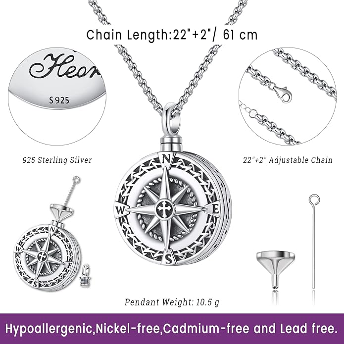 Compass Necklace for Women Men 925 Sterling Silver Pendant Urn Necklaces for Ashes Picture Locket Necklace Anchor Necklace Viking Necklace Crystals CZ Moonstone Abalone Shell Turquoise Compass Jewelry