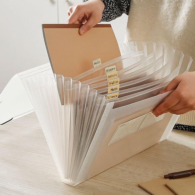 Expanding File Folder with Tabs, 13 Pockets File Organizer Accordion File Holder ，with Elastic Buckles Closure, A4 Paper Document Organizer for Home School Office (1, Transparent White)