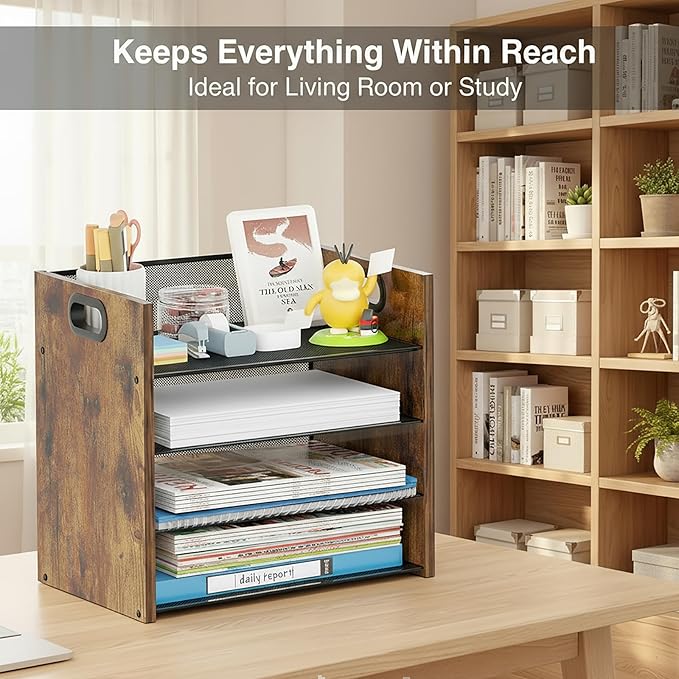 Boershun Wood Desk Organizer - 4-Tier Desktop File Organizer, Wooden Paper Organizer, Office Desk Organization for Accessories, Papers, Mail, Notebooks, Stationery