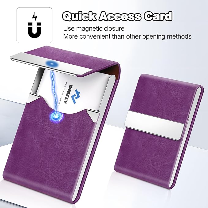 Business Card Holder for Women or Men, Business Card Case with PU Leather and Stainless Steel, Slim Metal Case with Magnetic Closure for Business Meeting Use
