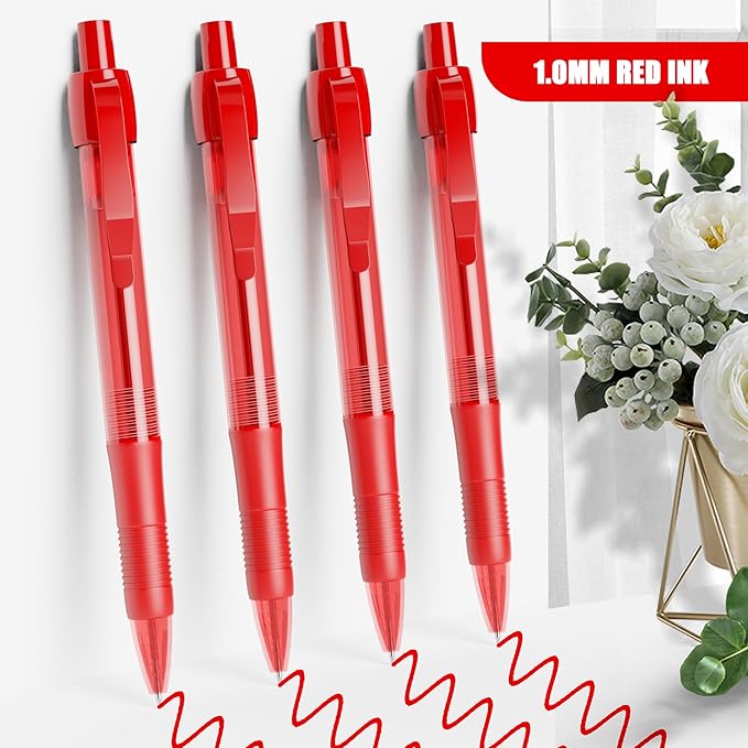 deegtran Pens Bulk, 100 Pack No Bleed Red Ink Click Pens with Soft Grip, Wholesale Retractable Ballpoint Pens for Office School, Medium Point Smooth 1.0MM