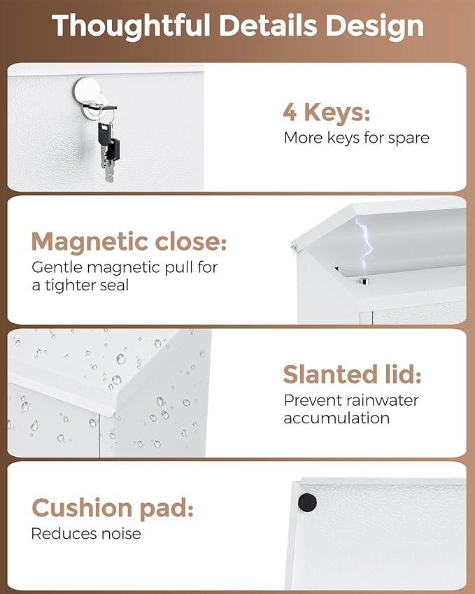 LAND·VOI Locking Wall-Mount Mailbox for Outside, with 4 Keys, Galvanized Steel Rustproof Metal Postbox, 4" Dx13.8 Wx11.2 H, Includes 3 Sets of Mailbox Numbers, Nameplate, White
