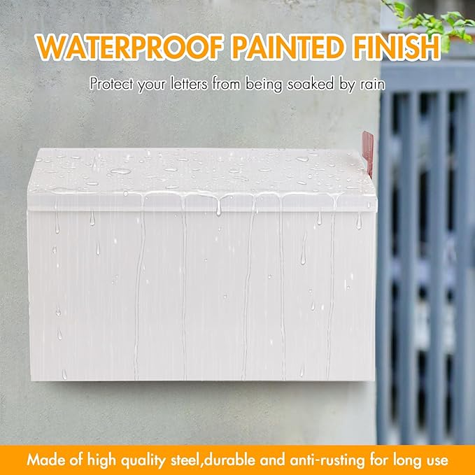 Wall Mount Mailbox for Outside with Flag, Galvanized Steel Mail Box for Post Outdoor, Large Capacity Rust-Proof Metal Postbox for House, with 3 Sets Mailbox Numbers, 14.2"x9.5"x4" White