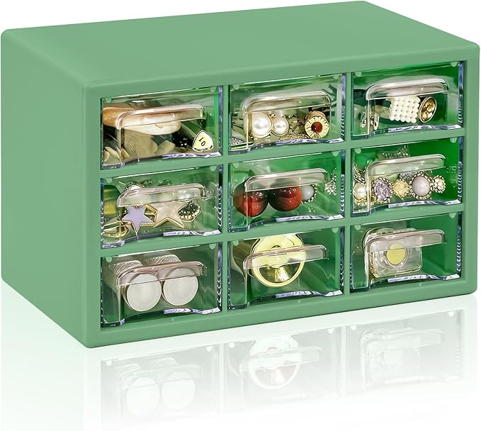 Desk Storage Organizer with 9 Drawers, FODIENS Stackable Desktop Craft Drawer Cabinet, Clear Storage Box Caddy for Makeup Jewelry Office Craft Supplies (9.84×6.3×5.9in) (Green)
