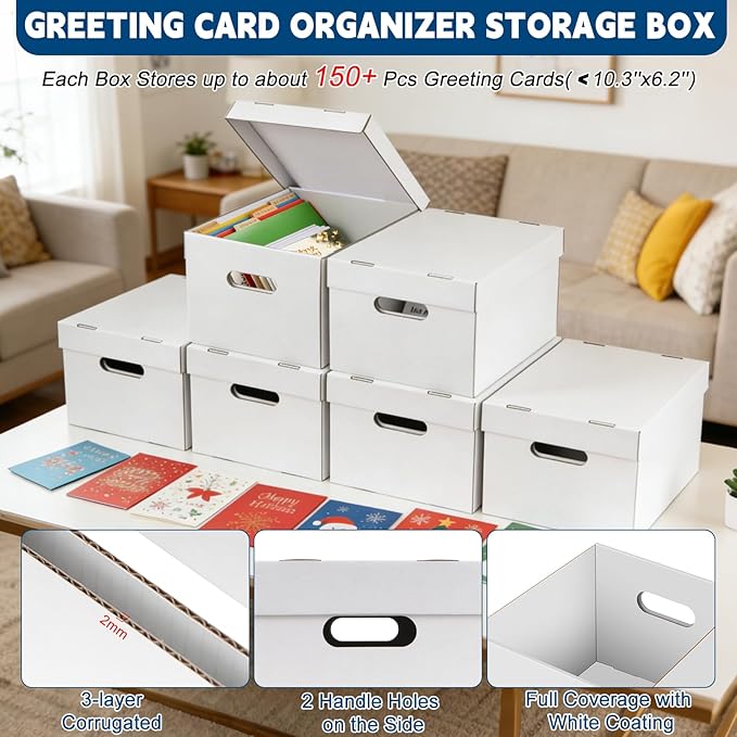 6Pack Greeting Card Organizer, Greeting Card Storage Box with 40 Dividers Holds 900 Cards+, Large Capacity Greeting Card Holder with 8 Sticker Labels White Card Box for Storing Cards, Photos, Postcard