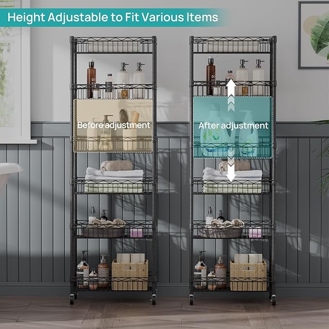 SINGAYE Shelf Closet Wire Shelving：Adjustable Metal Unit for Laundry Room Organization Bathroom Kitchen Home Storage with Wheels Pantry Rack Shelves
