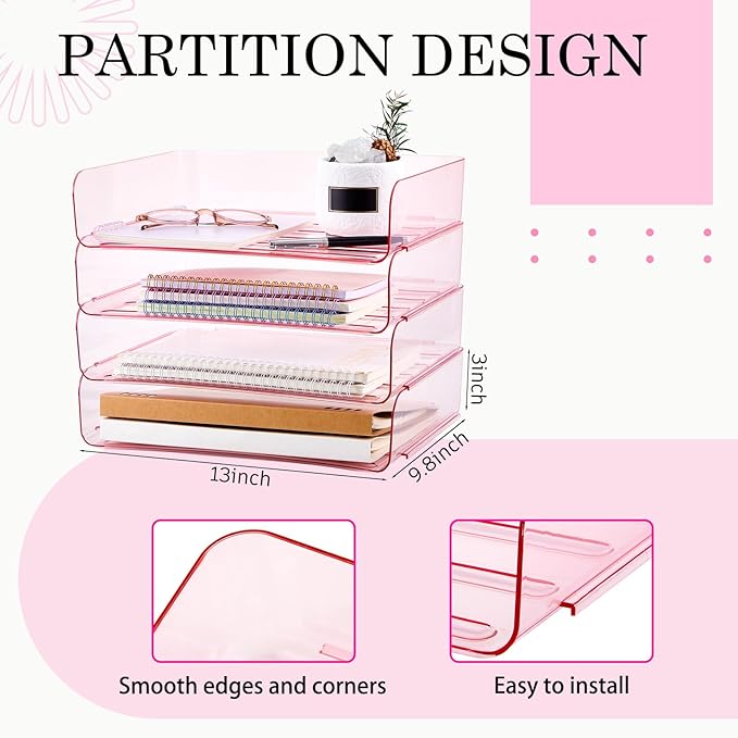 Harloon 4 Tier Acrylic Paper Tray 13 x 9.8 x 3 Inches Stackable Letter Clear Organizer No Need to Assemble Acrylic Paper Organizer File Tray for Office Workspace Desktop Storage (Transparent Pink)