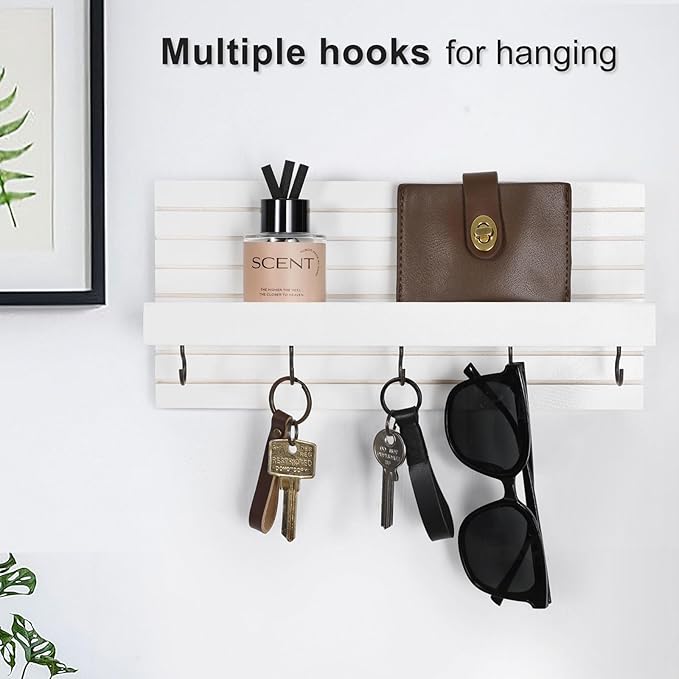 Lwenki Decorative Key Holder for Wall with Shelf, Entryway Shelf with Hooks Holds Leashes, Jackets and Glasses – Sturdy Wood Keyholder Entrance Hanger with Mounting Hardware (White, Medium)
